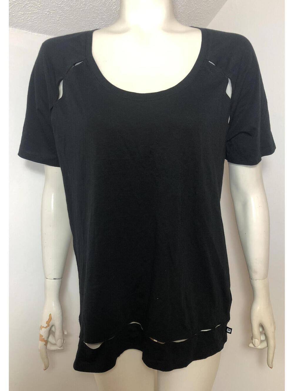 Fabletics New Womens Medium River Tee Shirt Black Cutouts Relaxed Fit Soft Knit